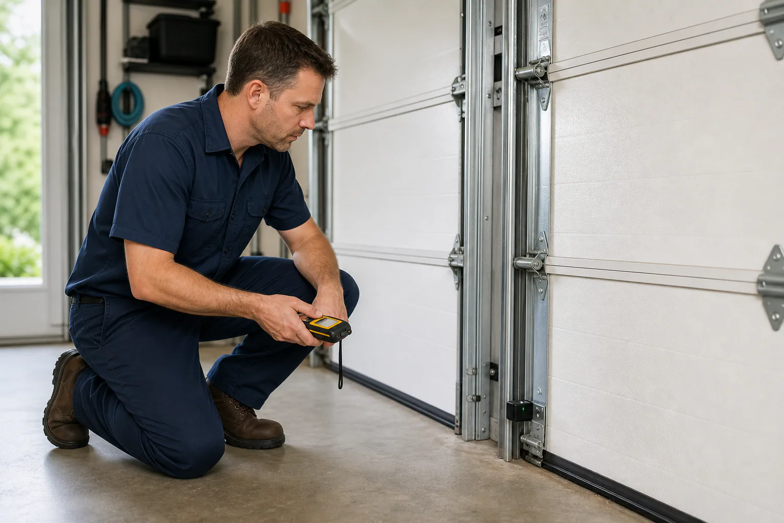 Technician safely checking the lower garage-door sensor and track