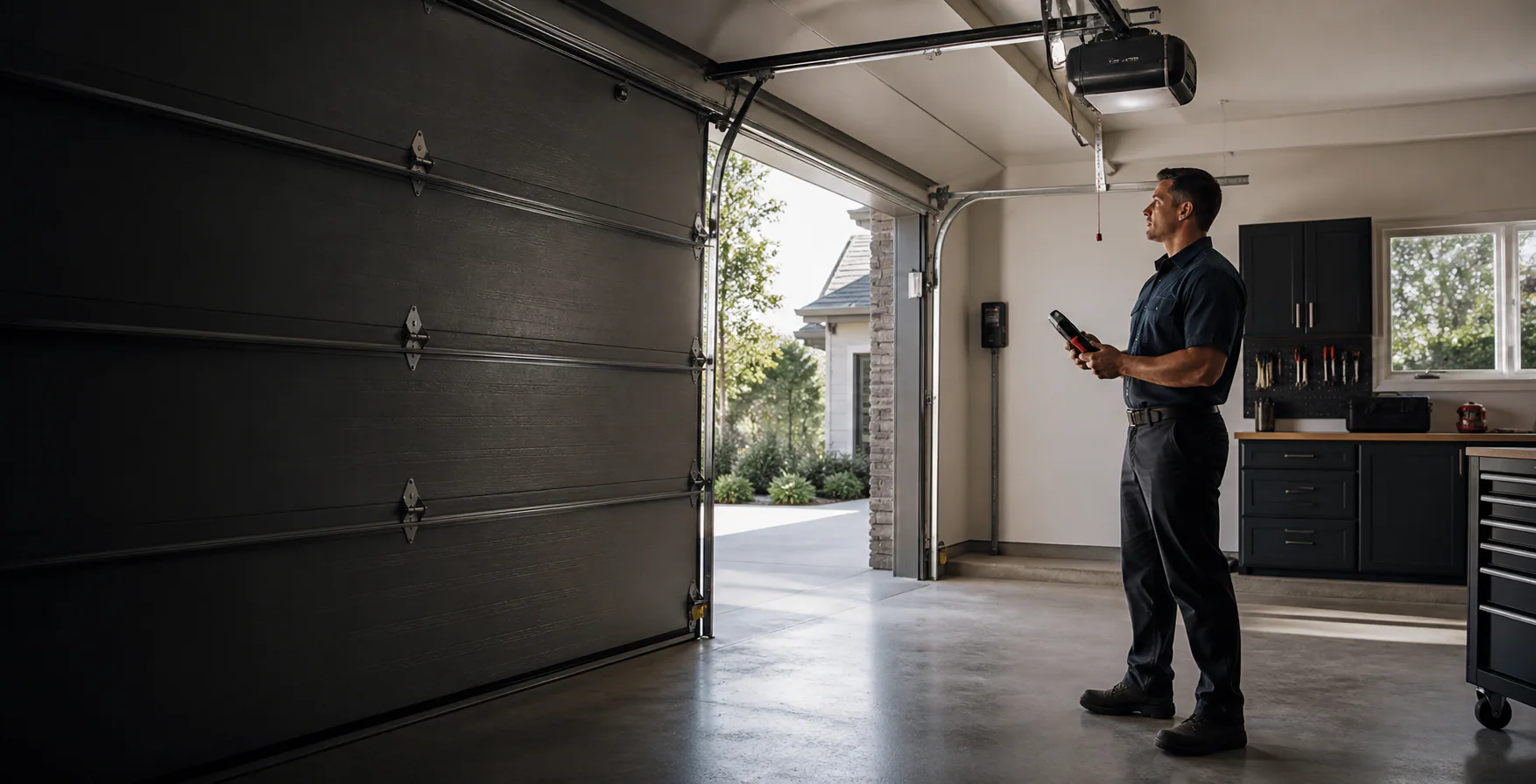 Garage door and technician during a diagnostic service visit