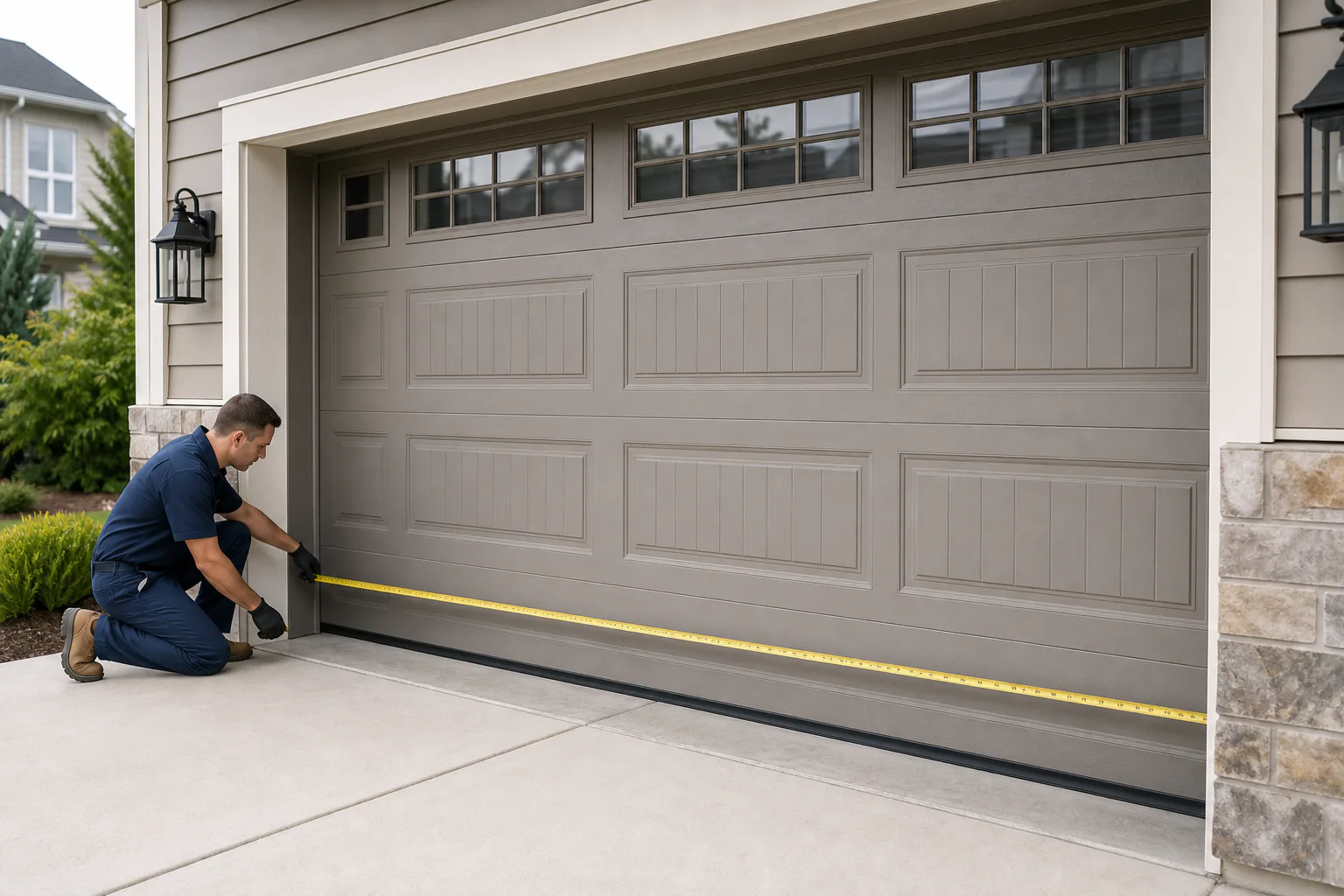 Technician measuring a residential garage door for replacement options